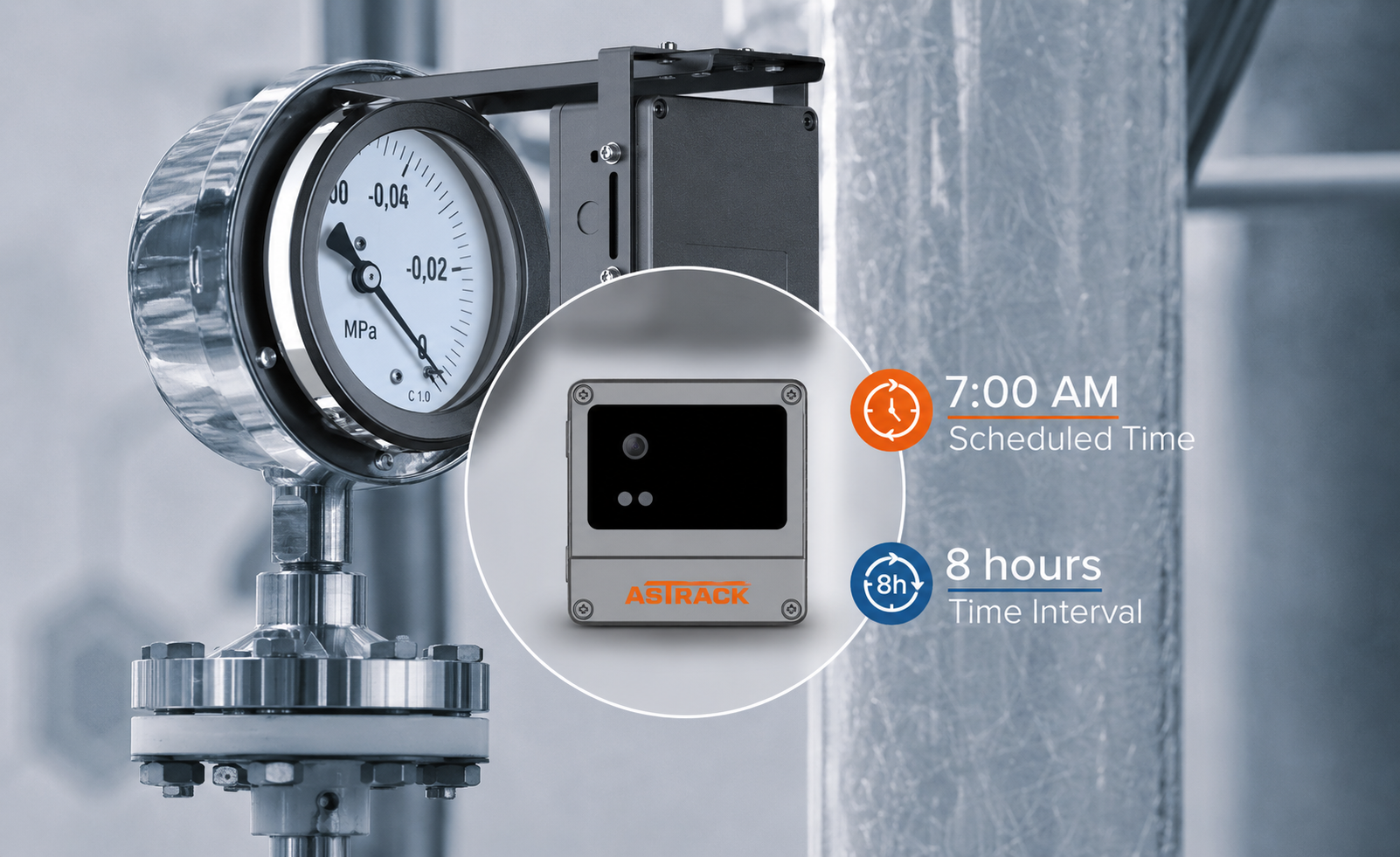 AsTrack AI device mounted on industrial infrastructure with scheduled reading capture